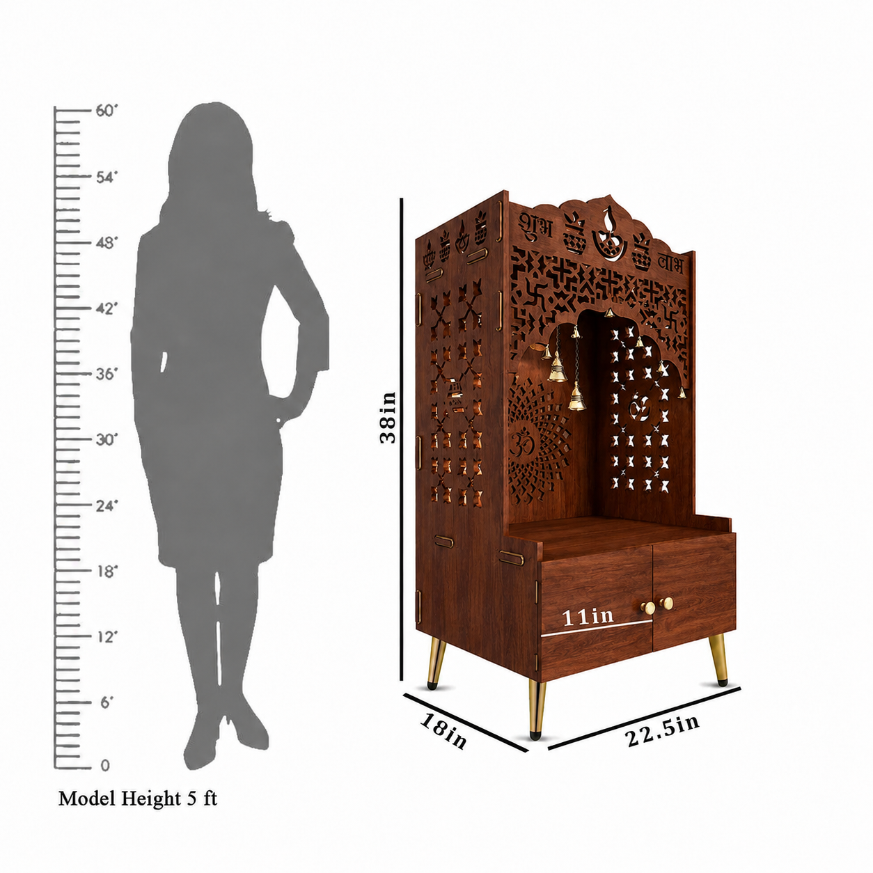 Modern White Wooden Floor Pooja Mandir with Doors Laser-Cut Om & Diya Design with Storage Cabinet
