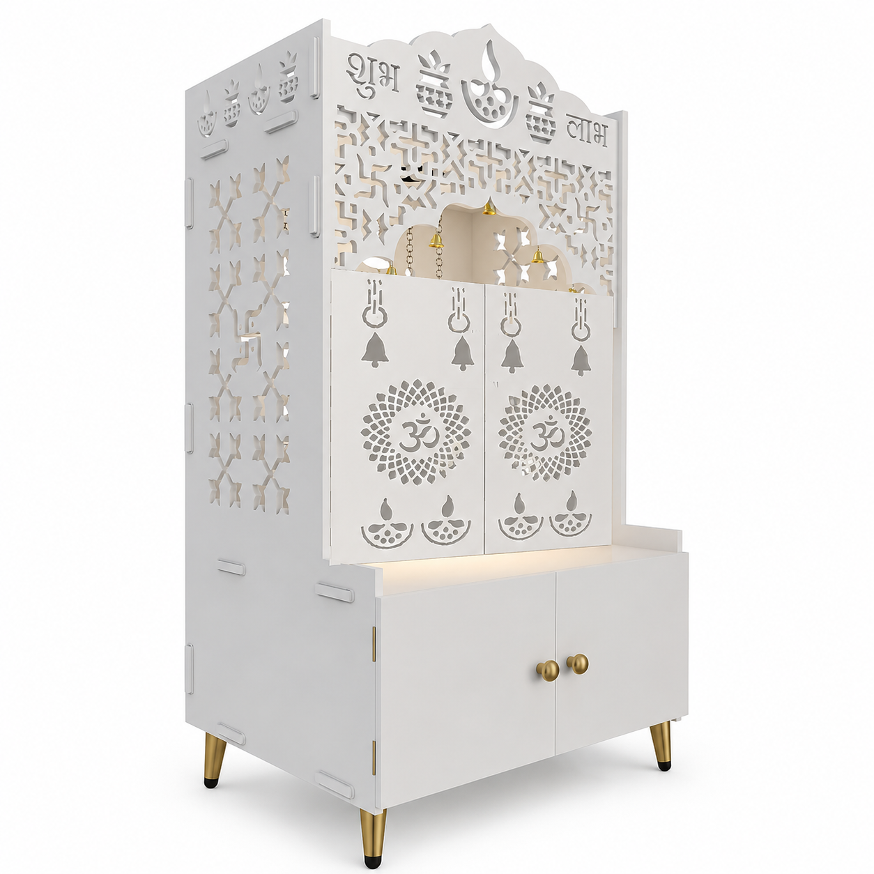 Modern White Wooden Floor Pooja Mandir with Doors Laser-Cut Om & Diya Design with Storage Cabinet