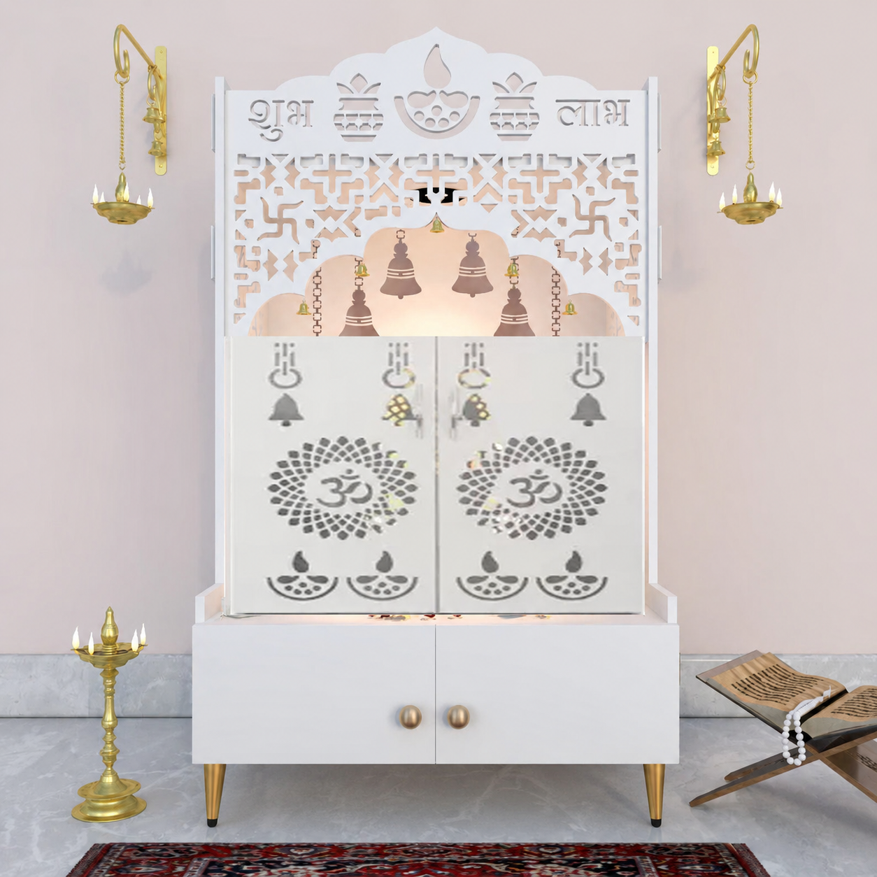Modern White Wooden Floor Pooja Mandir with Doors Laser-Cut Om & Diya Design with Storage Cabinet