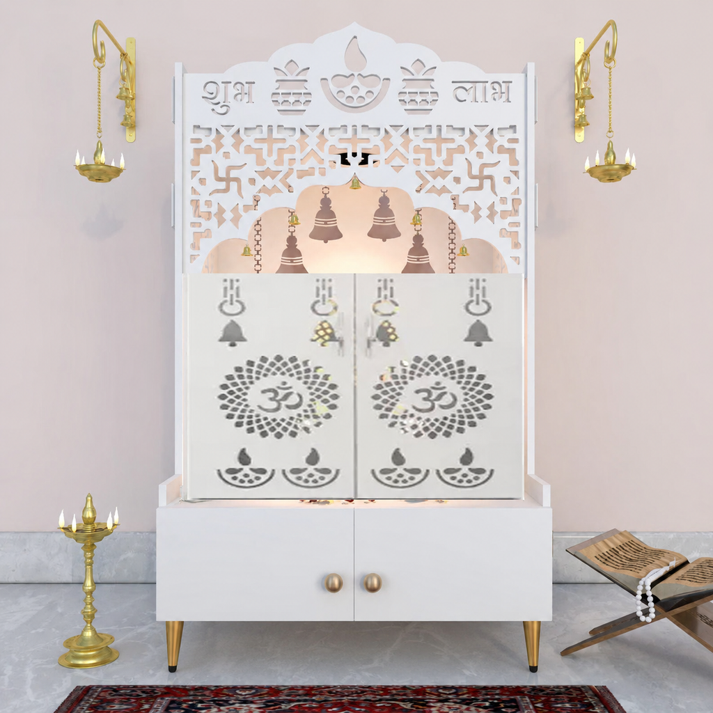 Modern White Wooden Floor Pooja Mandir with Doors Laser-Cut Om & Diya Design with Storage Cabinet