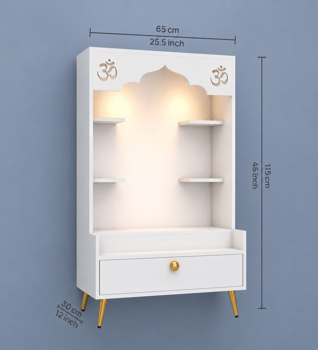 Contemporary White Wooden Floor Pooja Mandir with Open Shelves Om Engraving With Storage Drawer