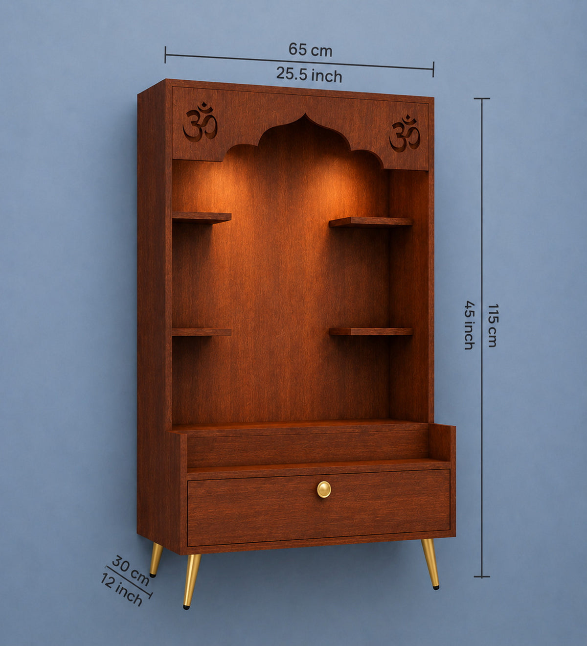 Contemporary White Wooden Floor Pooja Mandir with Open Shelves Om Engraving With Storage Drawer