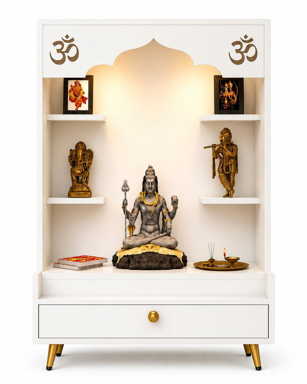 Contemporary White Wooden Floor Pooja Mandir with Open Shelves Om Engraving With Storage Drawer