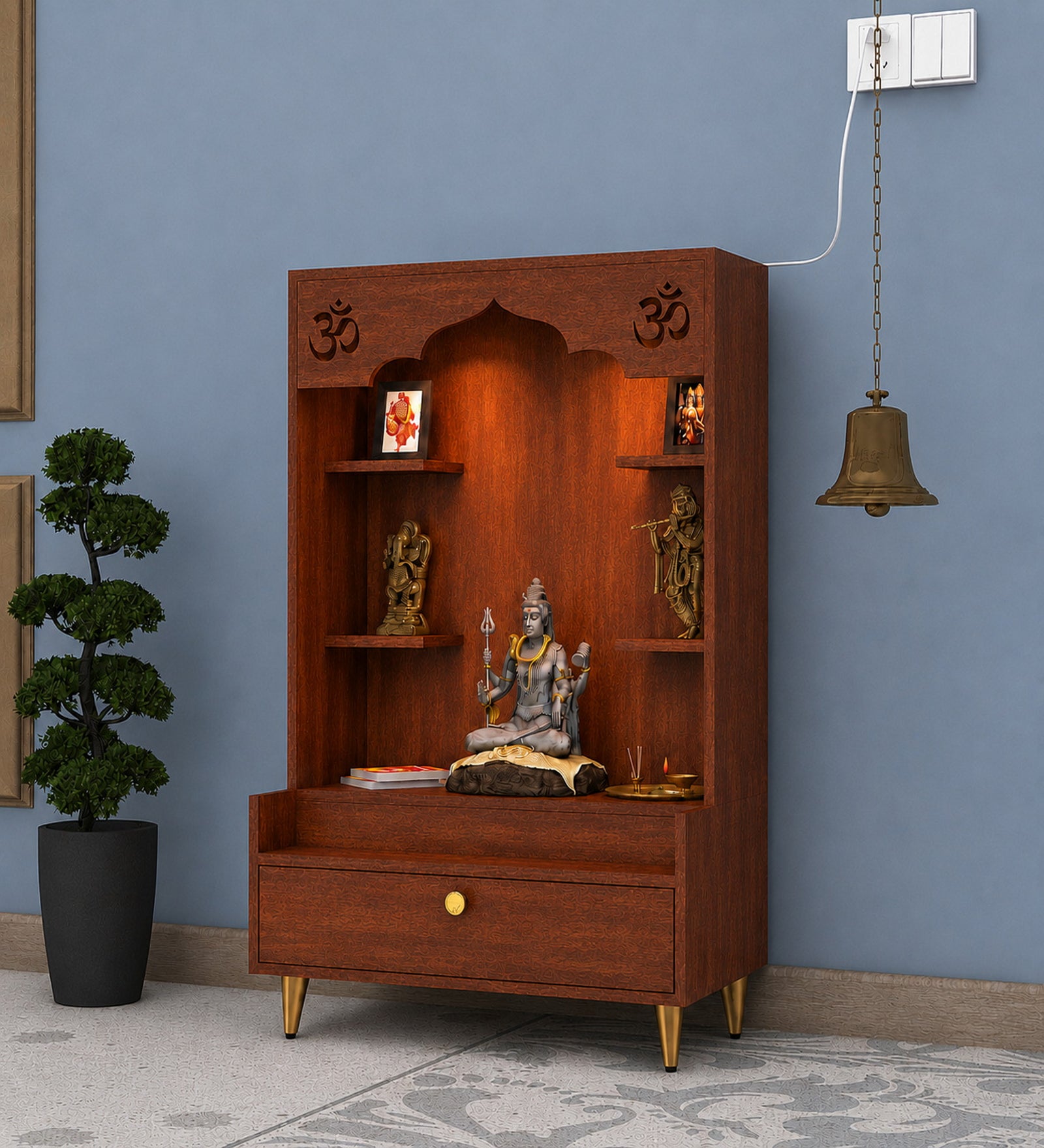 Contemporary White Wooden Floor Pooja Mandir with Open Shelves Om Engraving With Storage Drawer