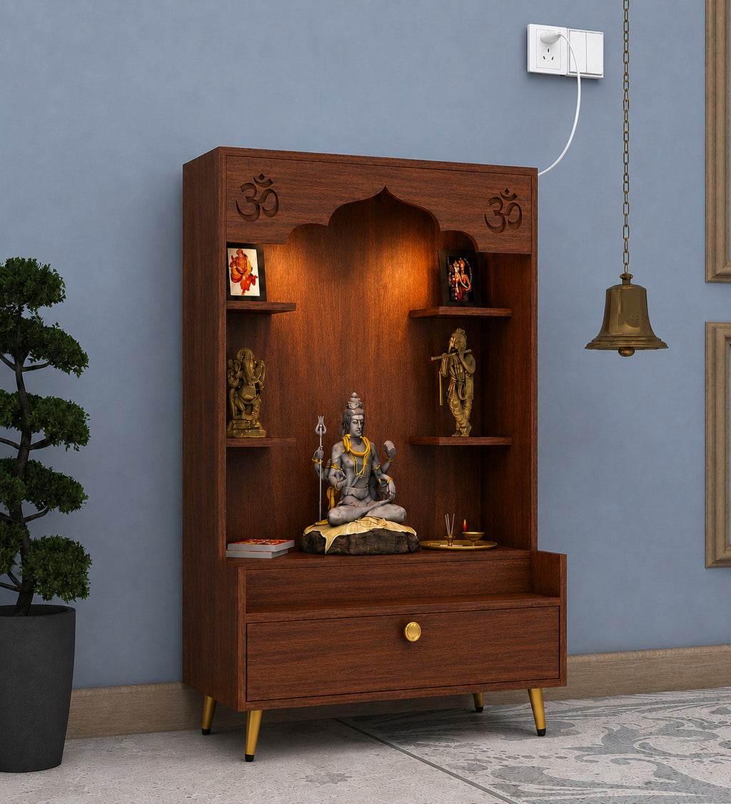 Contemporary White Wooden Floor Pooja Mandir with Open Shelves Om Engraving With Storage Drawer