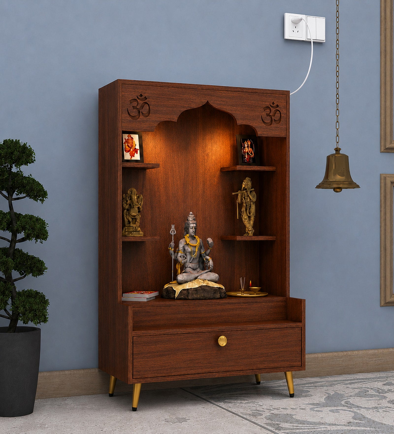 Contemporary White Wooden Floor Pooja Mandir with Open Shelves Om Engraving With Storage Drawer