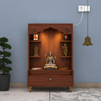 Contemporary White Wooden Floor Pooja Mandir with Open Shelves Om Engraving With Storage Drawer