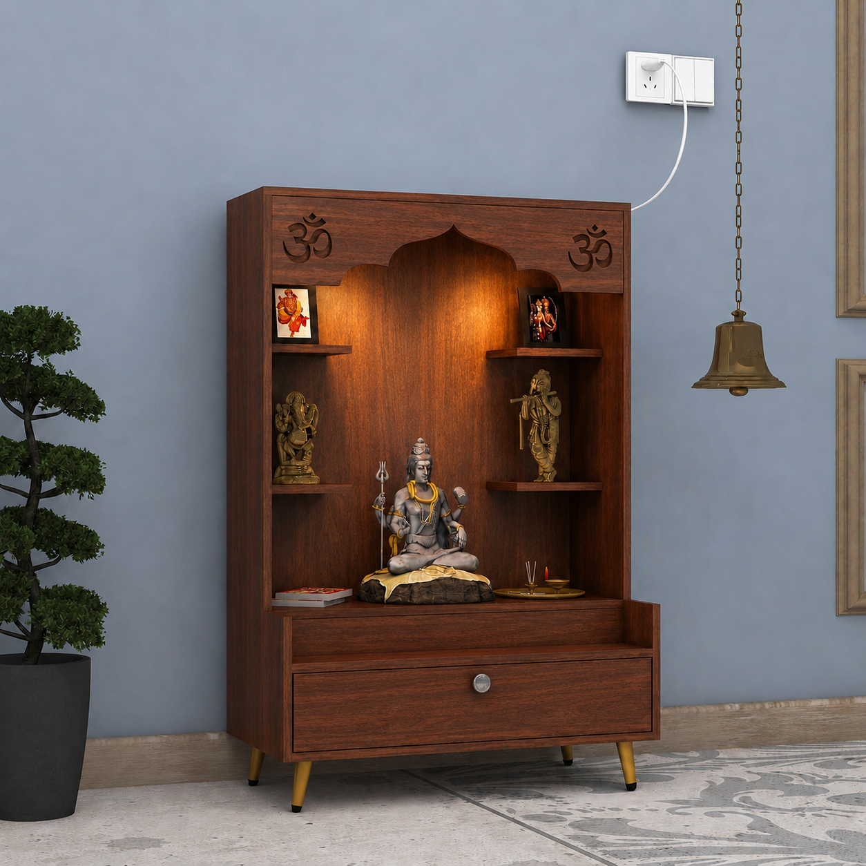 Contemporary White Wooden Floor Pooja Mandir with Open Shelves Om Engraving With Storage Drawer