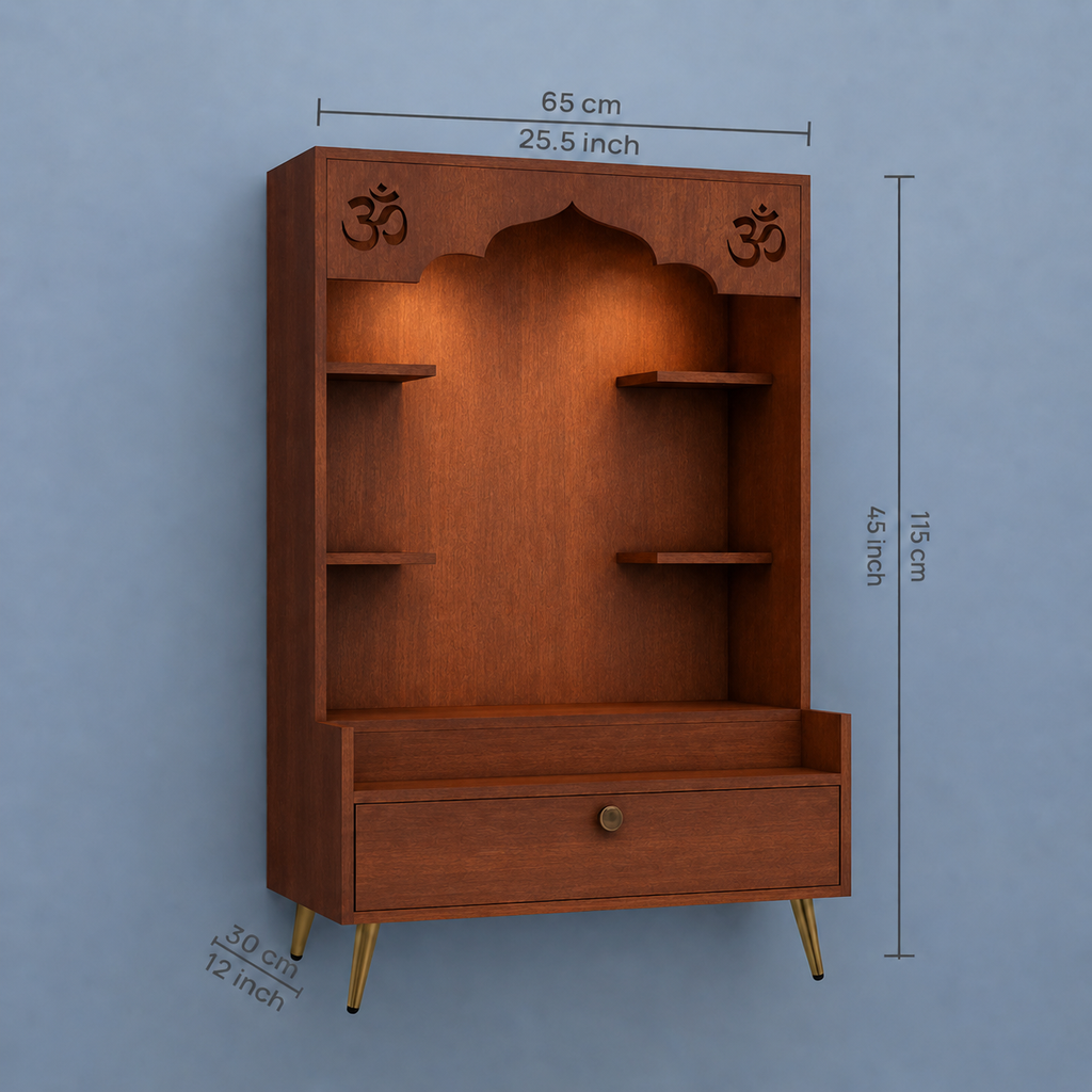 Contemporary White Wooden Floor Pooja Mandir with Open Shelves Om Engraving With Storage Drawer