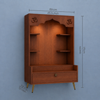 Contemporary White Wooden Floor Pooja Mandir with Open Shelves Om Engraving With Storage Drawer