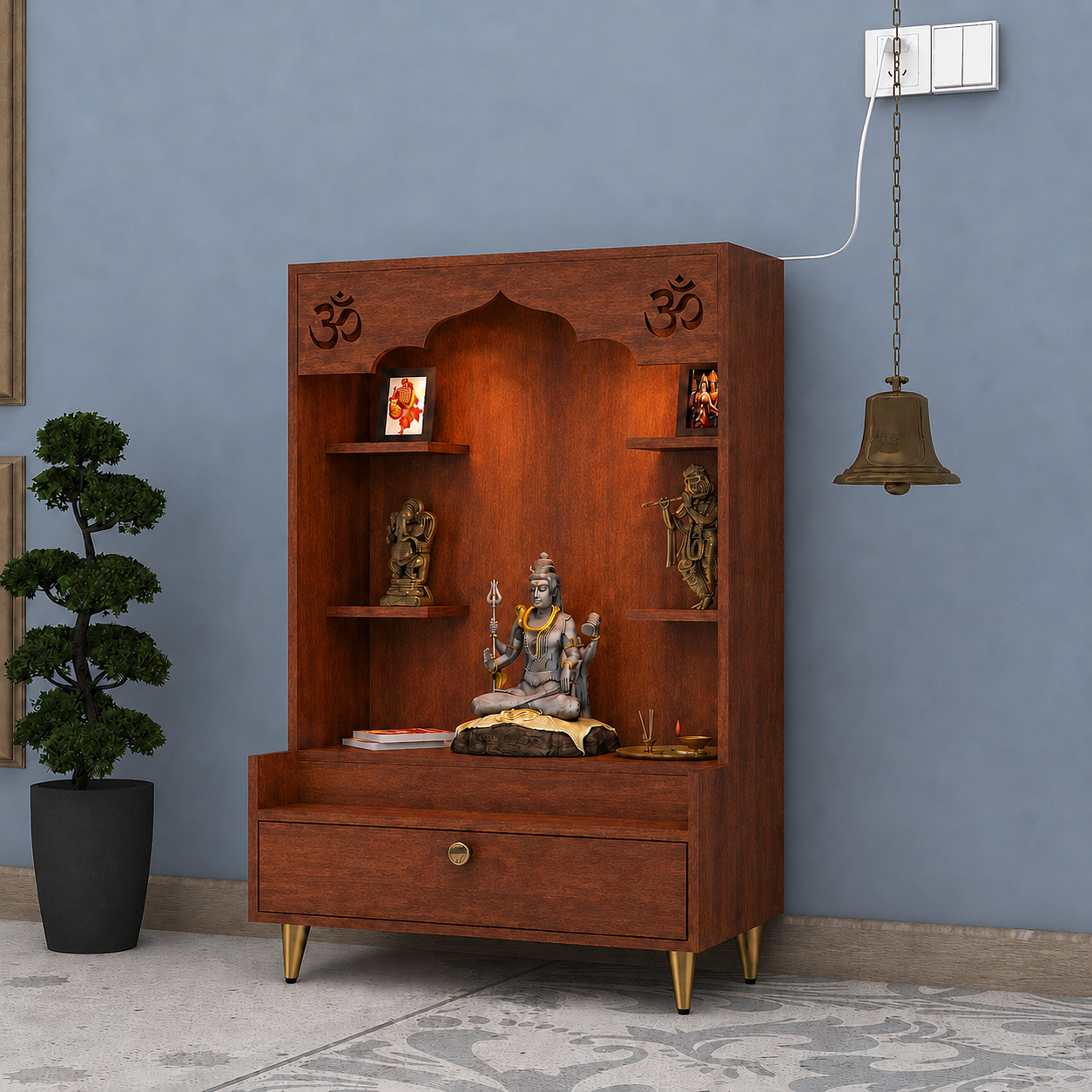 Contemporary White Wooden Floor Pooja Mandir with Open Shelves Om Engraving With Storage Drawer