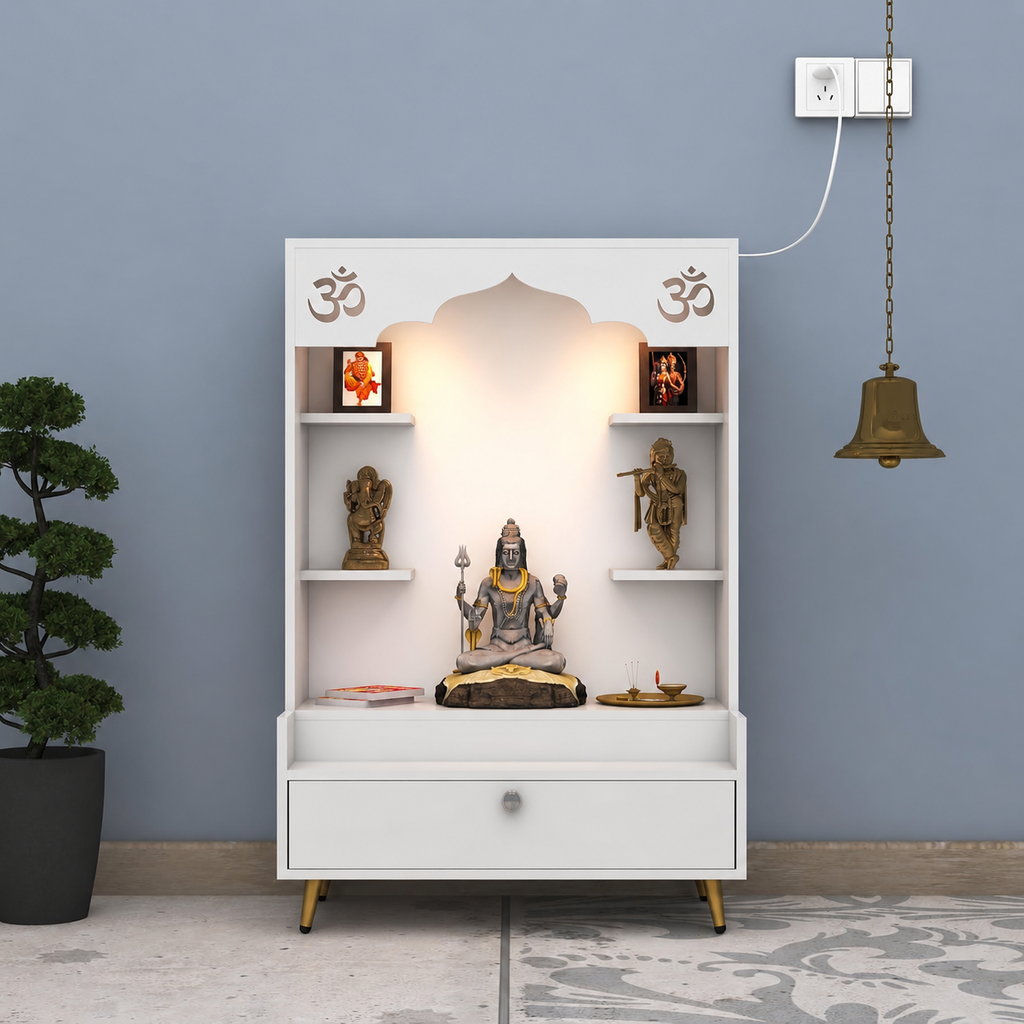 Contemporary White Wooden Floor Pooja Mandir with Open Shelves Om Engraving With Storage Drawer