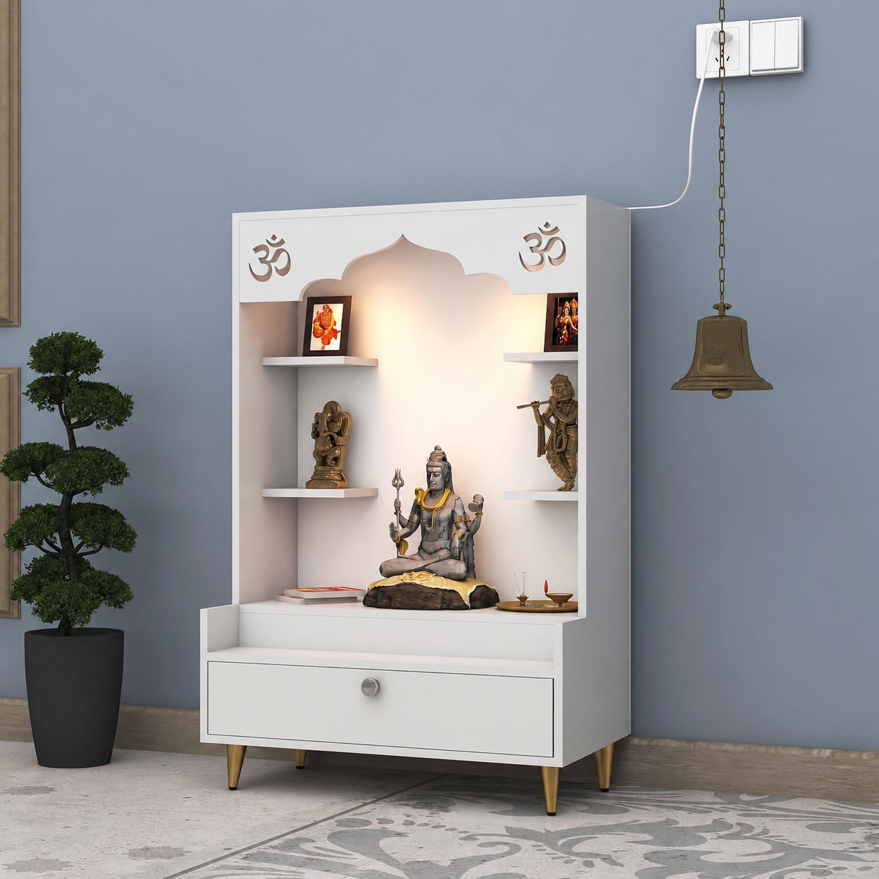 Contemporary White Wooden Floor Pooja Mandir with Open Shelves Om Engraving With Storage Drawer