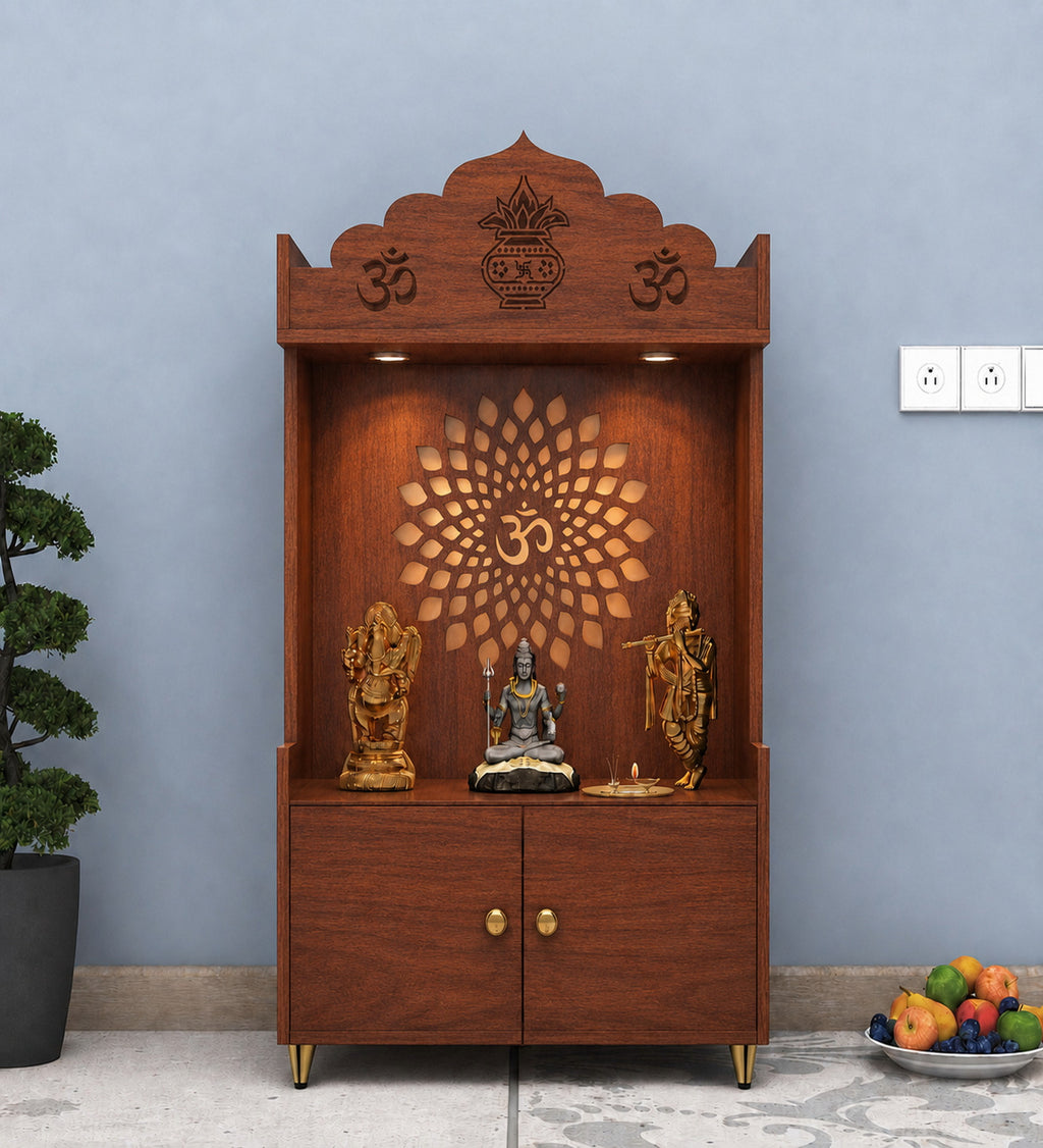 White Wooden Floor Pooja Mandir with Kalash & Om Top Design Lotus Pattern Back Panel Storage Cabinet