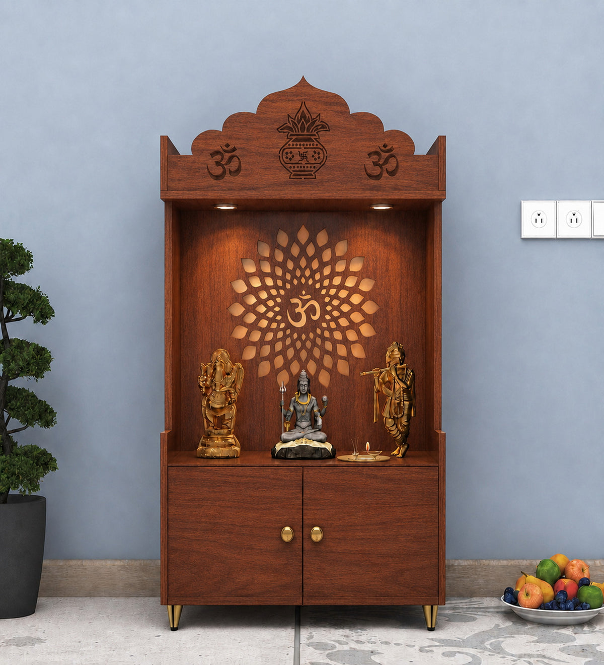 White Wooden Floor Pooja Mandir with Kalash & Om Top Design Lotus Pattern Back Panel Storage Cabinet