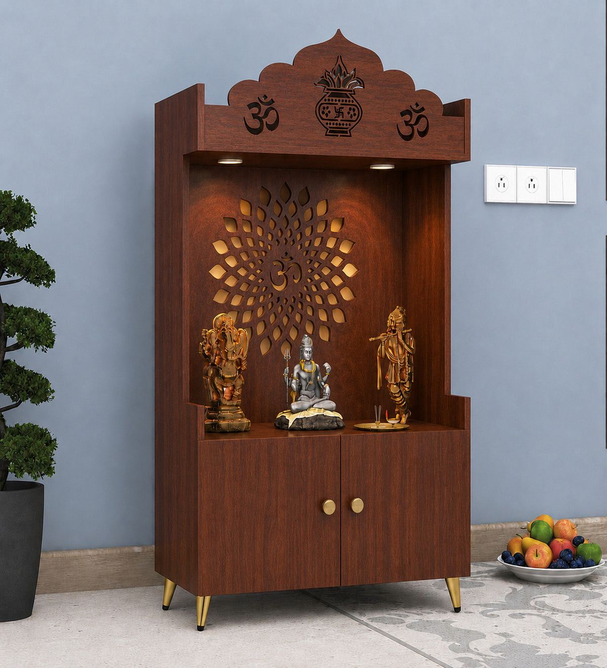 White Wooden Floor Pooja Mandir with Kalash & Om Top Design Lotus Pattern Back Panel Storage Cabinet