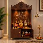 White Wooden Floor Pooja Mandir with Kalash & Om Top Design Lotus Pattern Back Panel Storage Cabinet