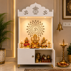White Wooden Floor Pooja Mandir with Kalash & Om Top Design Lotus Pattern Back Panel Storage Cabinet