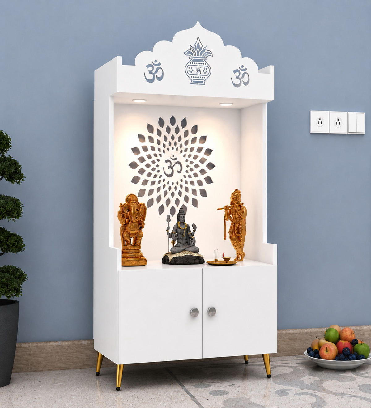 White Wooden Floor Pooja Mandir with Kalash & Om Top Design Lotus Pattern Back Panel Storage Cabinet