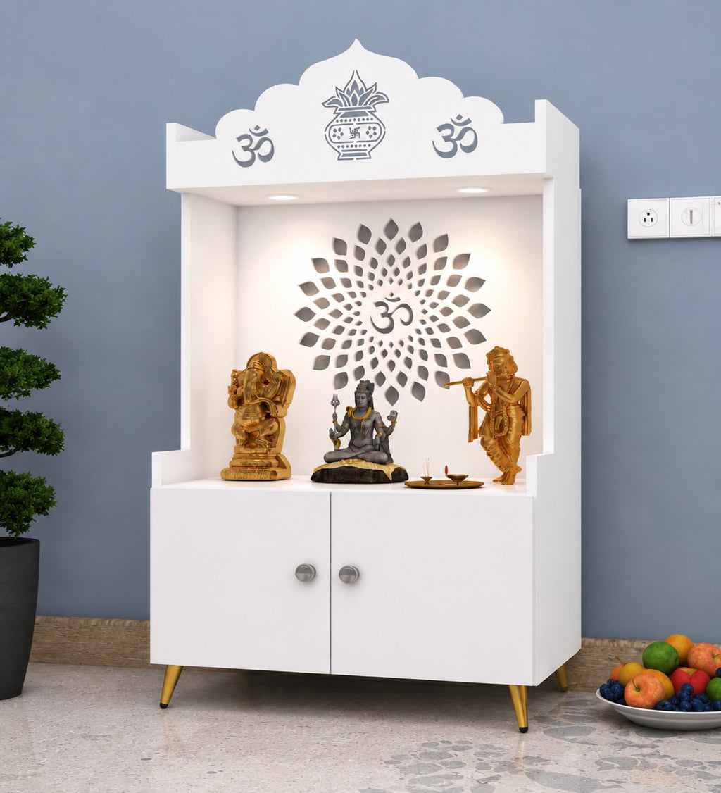 White Wooden Floor Pooja Mandir with Kalash & Om Top Design Lotus Pattern Back Panel Storage Cabinet