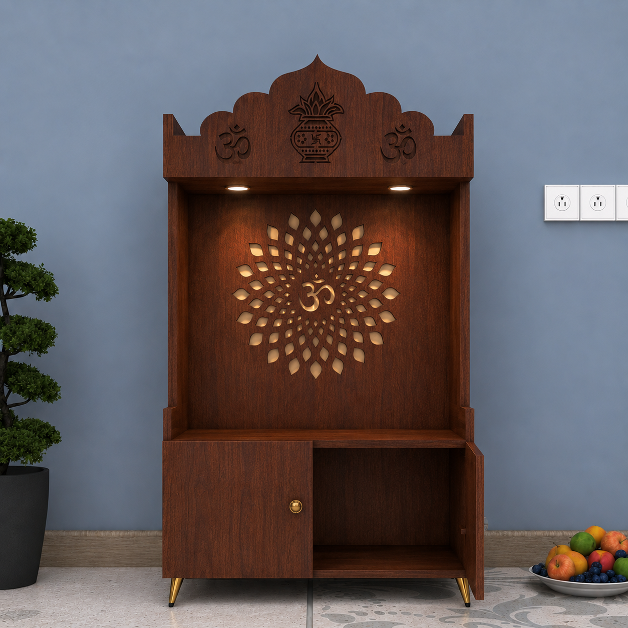 White Wooden Floor Pooja Mandir with Kalash & Om Top Design Lotus Pattern Back Panel Storage Cabinet