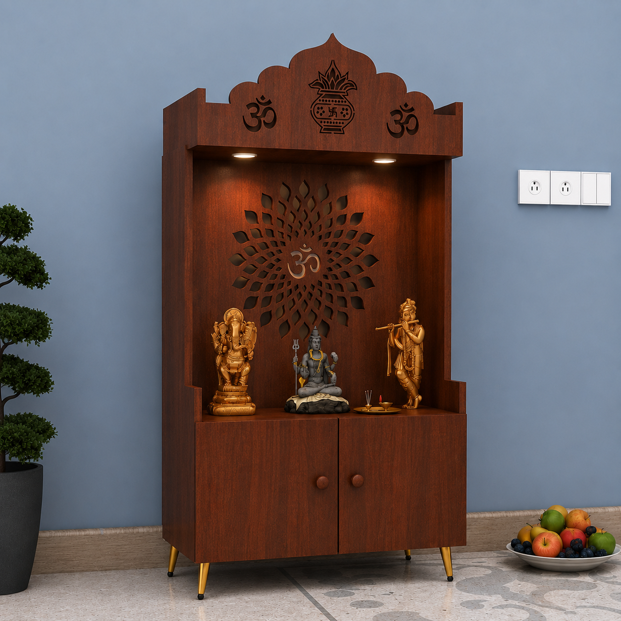 White Wooden Floor Pooja Mandir with Kalash & Om Top Design Lotus Pattern Back Panel Storage Cabinet