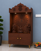 White Wooden Floor Pooja Mandir with Kalash & Om Top Design Lotus Pattern Back Panel Storage Cabinet