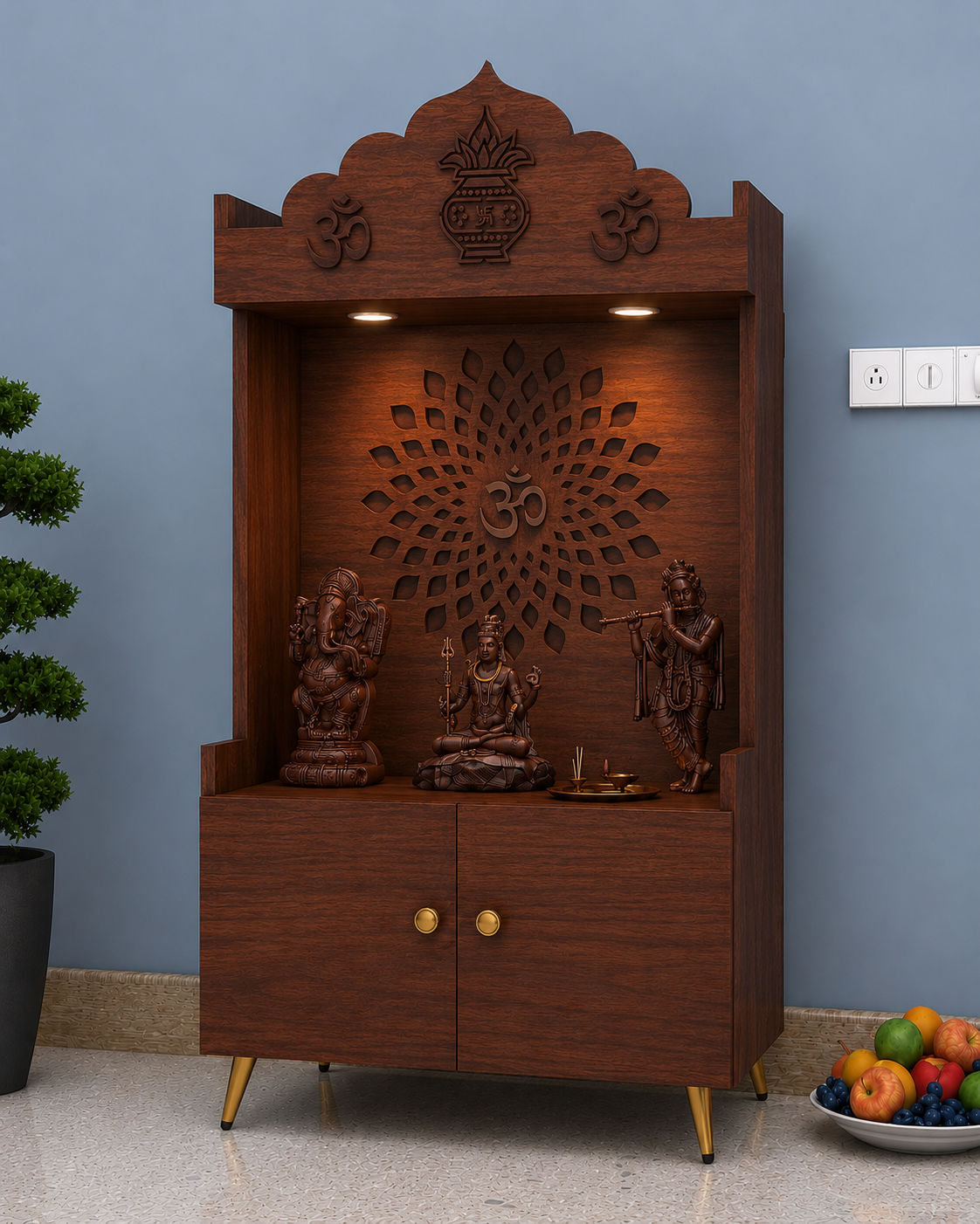 White Wooden Floor Pooja Mandir with Kalash & Om Top Design Lotus Pattern Back Panel Storage Cabinet