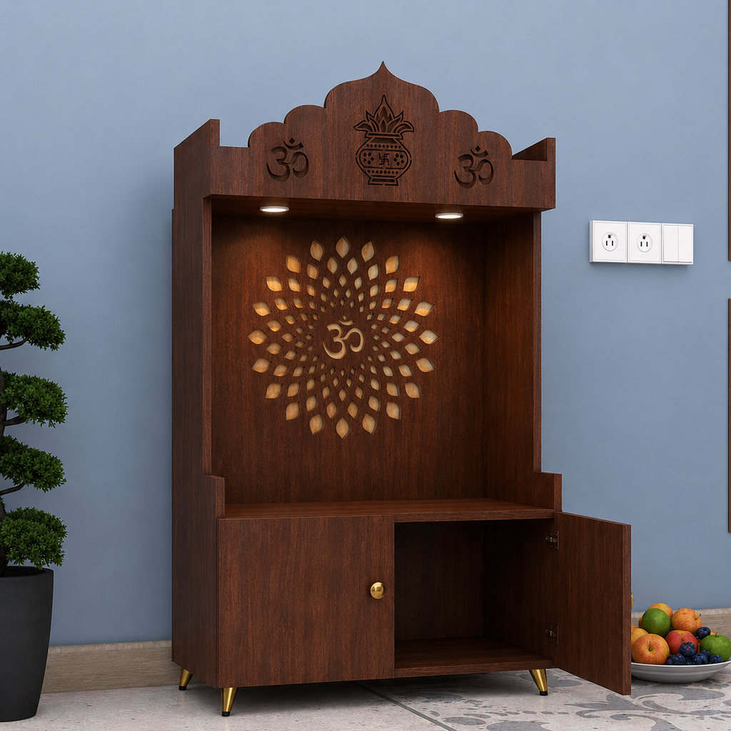 White Wooden Floor Pooja Mandir with Kalash & Om Top Design Lotus Pattern Back Panel Storage Cabinet