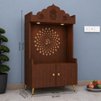 White Wooden Floor Pooja Mandir with Kalash & Om Top Design Lotus Pattern Back Panel Storage Cabinet