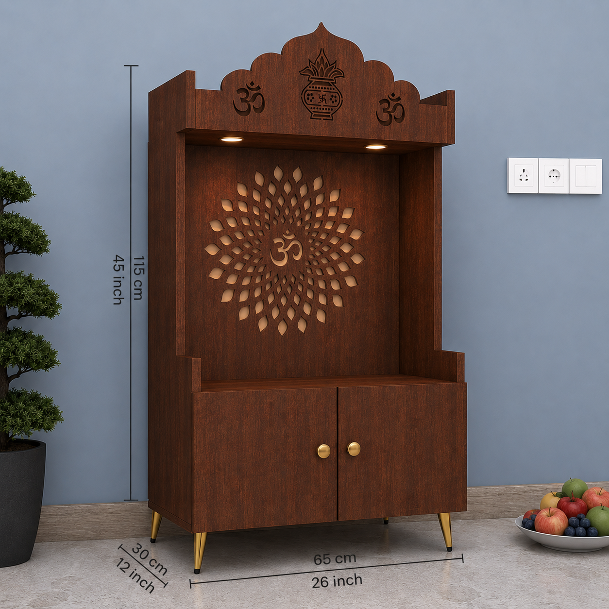 White Wooden Floor Pooja Mandir with Kalash & Om Top Design Lotus Pattern Back Panel Storage Cabinet