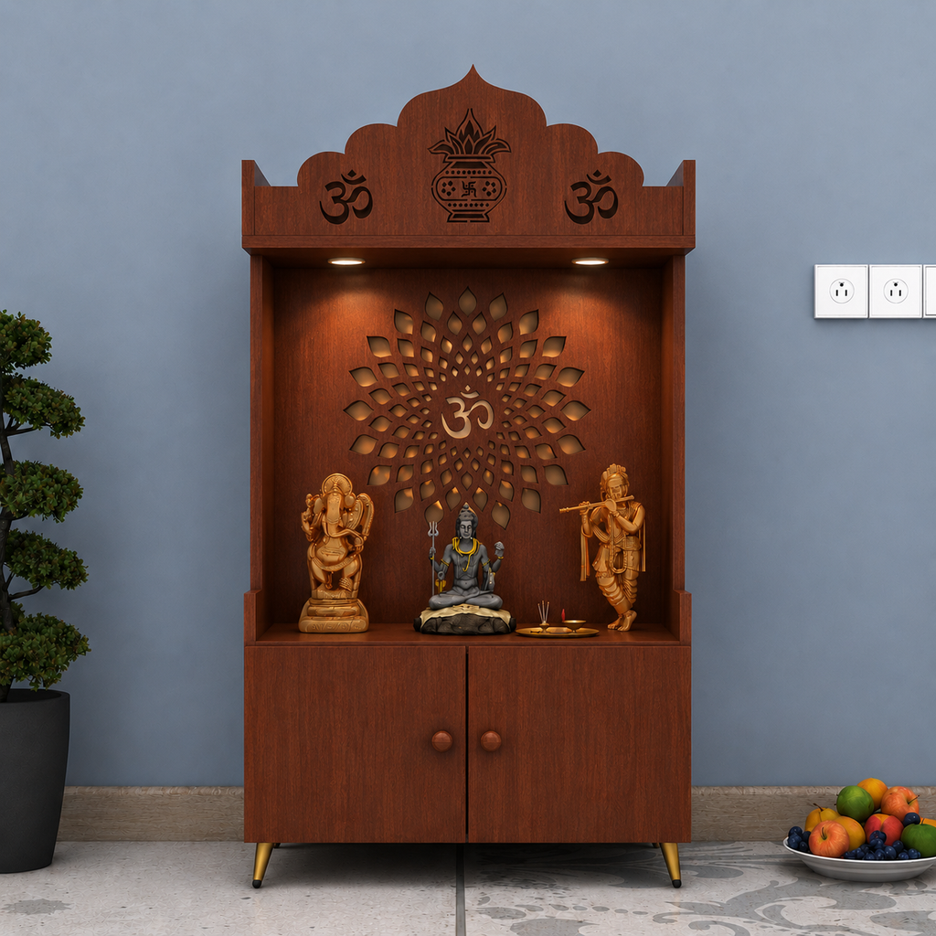 White Wooden Floor Pooja Mandir with Kalash & Om Top Design Lotus Pattern Back Panel Storage Cabinet