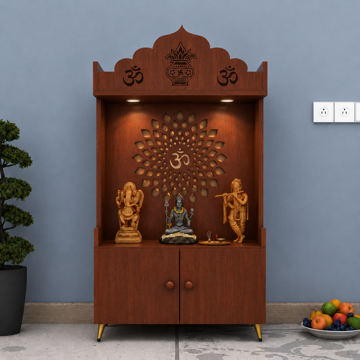 White Wooden Floor Pooja Mandir with Kalash & Om Top Design Lotus Pattern Back Panel Storage Cabinet