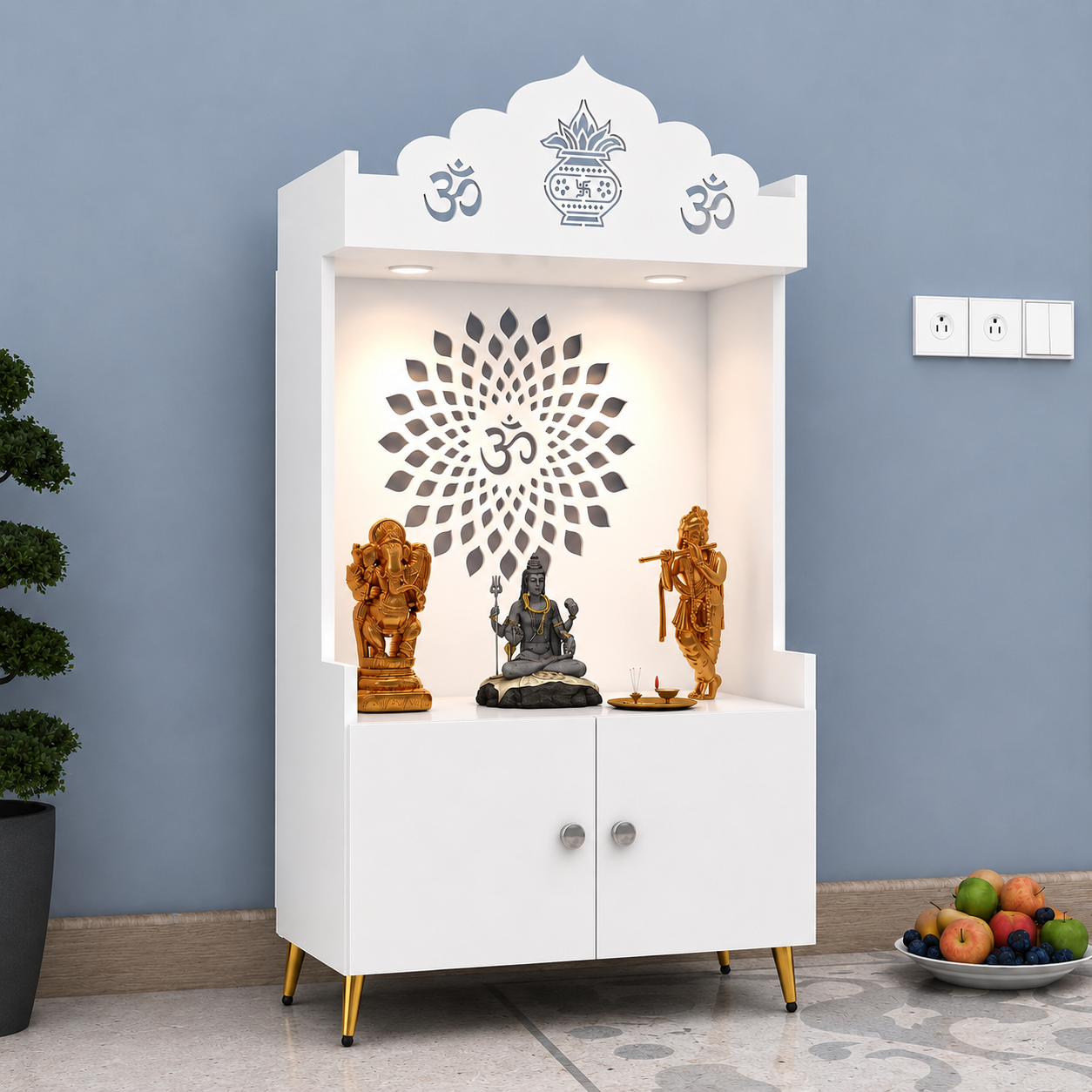 White Wooden Floor Pooja Mandir with Kalash & Om Top Design Lotus Pattern Back Panel Storage Cabinet