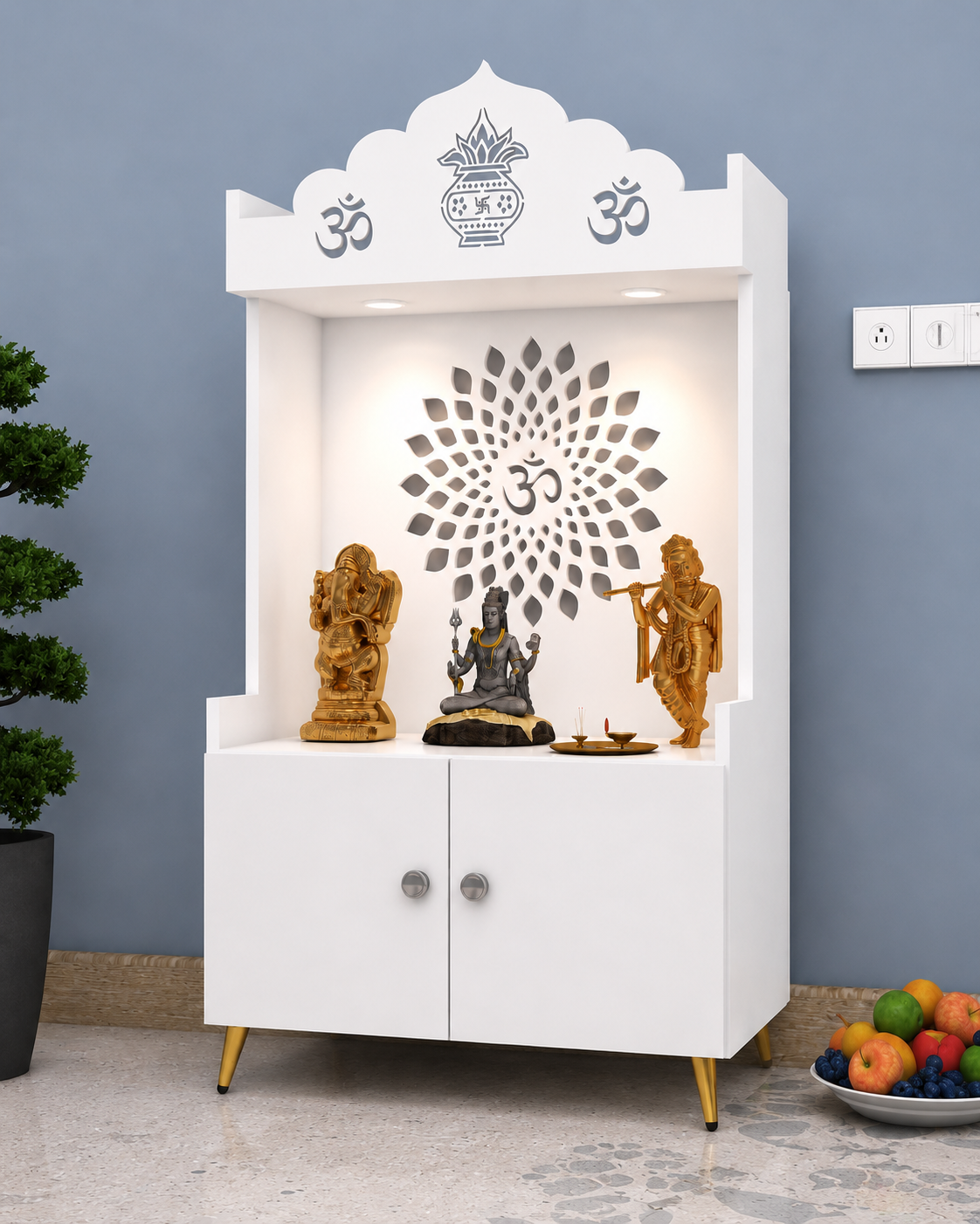 White Wooden Floor Pooja Mandir with Kalash & Om Top Design Lotus Pattern Back Panel Storage Cabinet