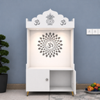 White Wooden Floor Pooja Mandir with Kalash & Om Top Design Lotus Pattern Back Panel Storage Cabinet