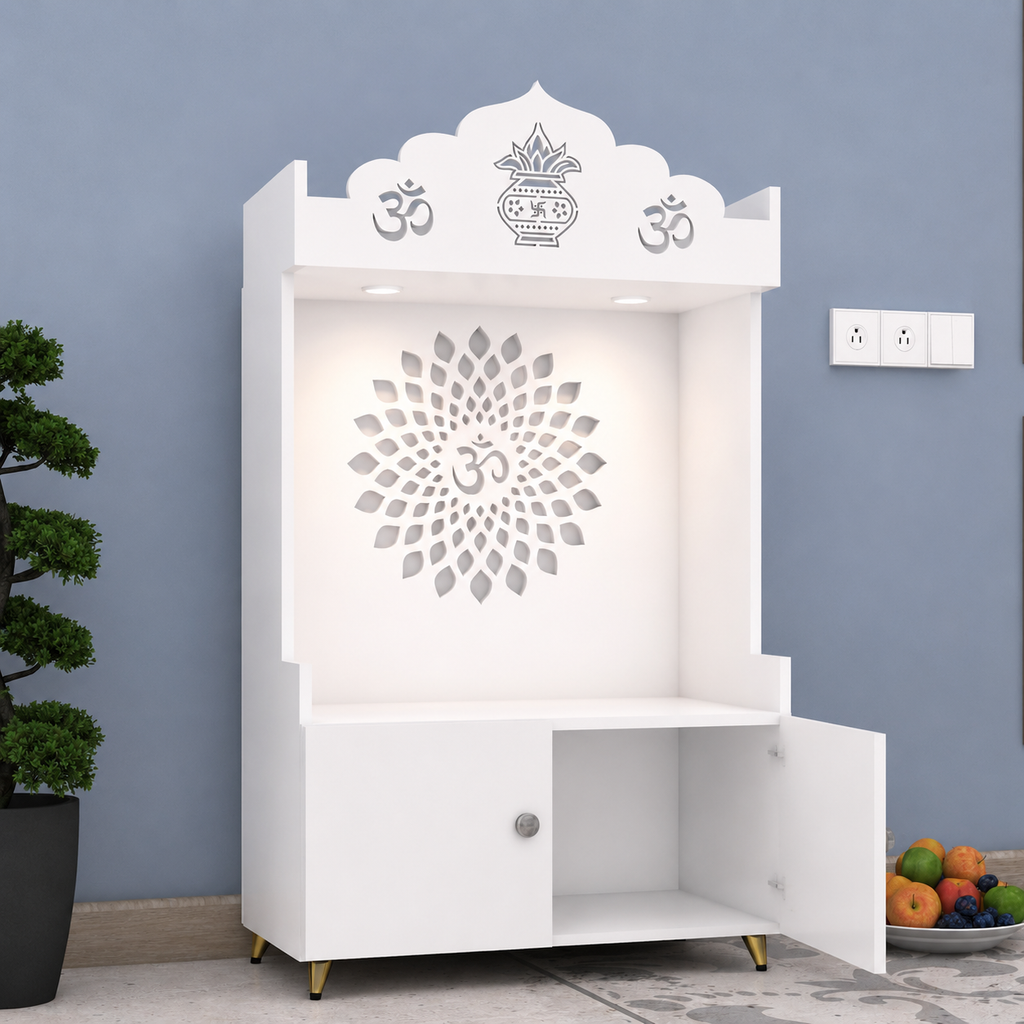White Wooden Floor Pooja Mandir with Kalash & Om Top Design Lotus Pattern Back Panel Storage Cabinet