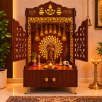 Elegant White Wooden Floor Pooja Mandir with Laser-Cut Doors Shubh Labh Design & Storage Cabinet