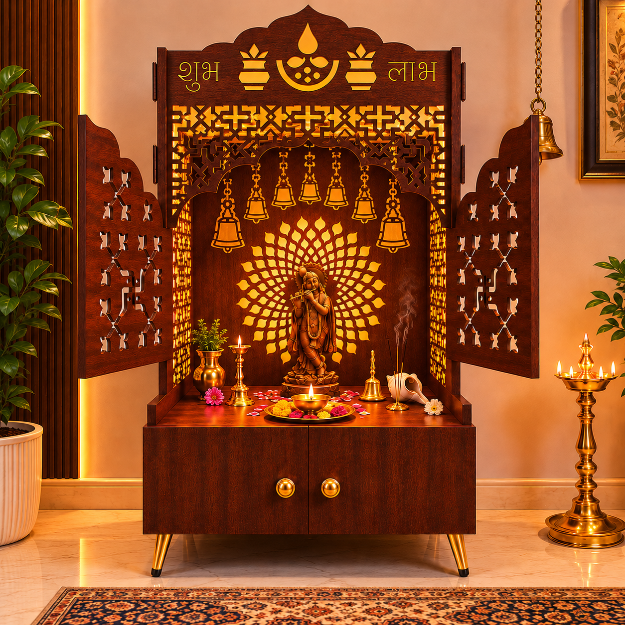 Elegant White Wooden Floor Pooja Mandir with Laser-Cut Doors Shubh Labh Design & Storage Cabinet