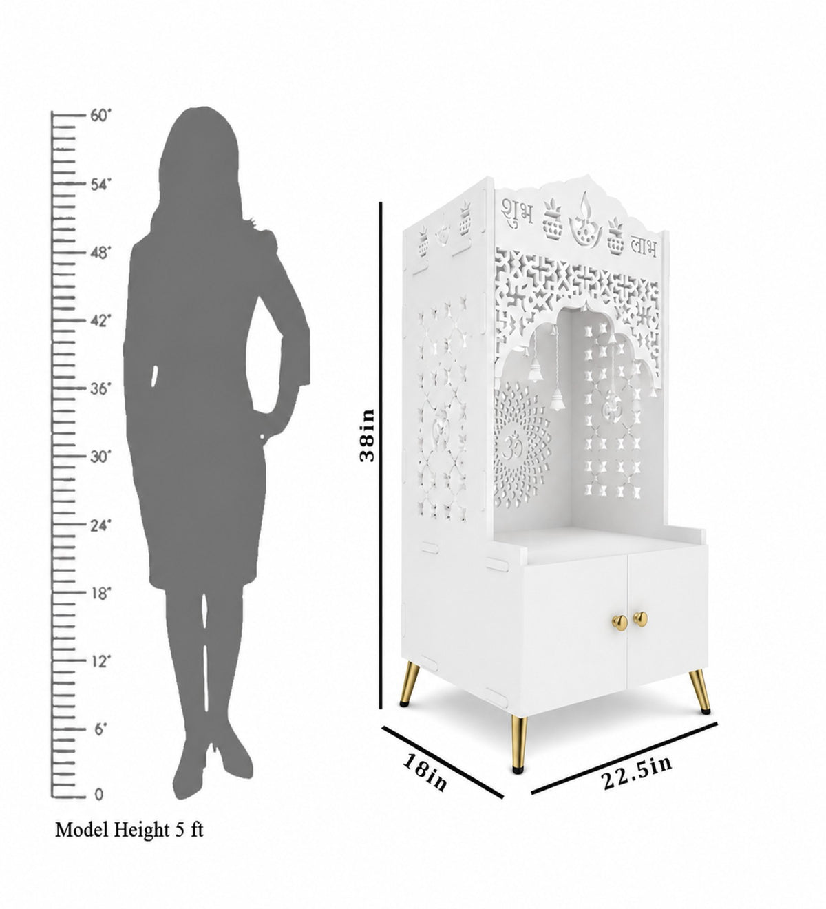 Elegant White Wooden Floor Pooja Mandir with Laser-Cut Doors Shubh Labh Design & Storage Cabinet