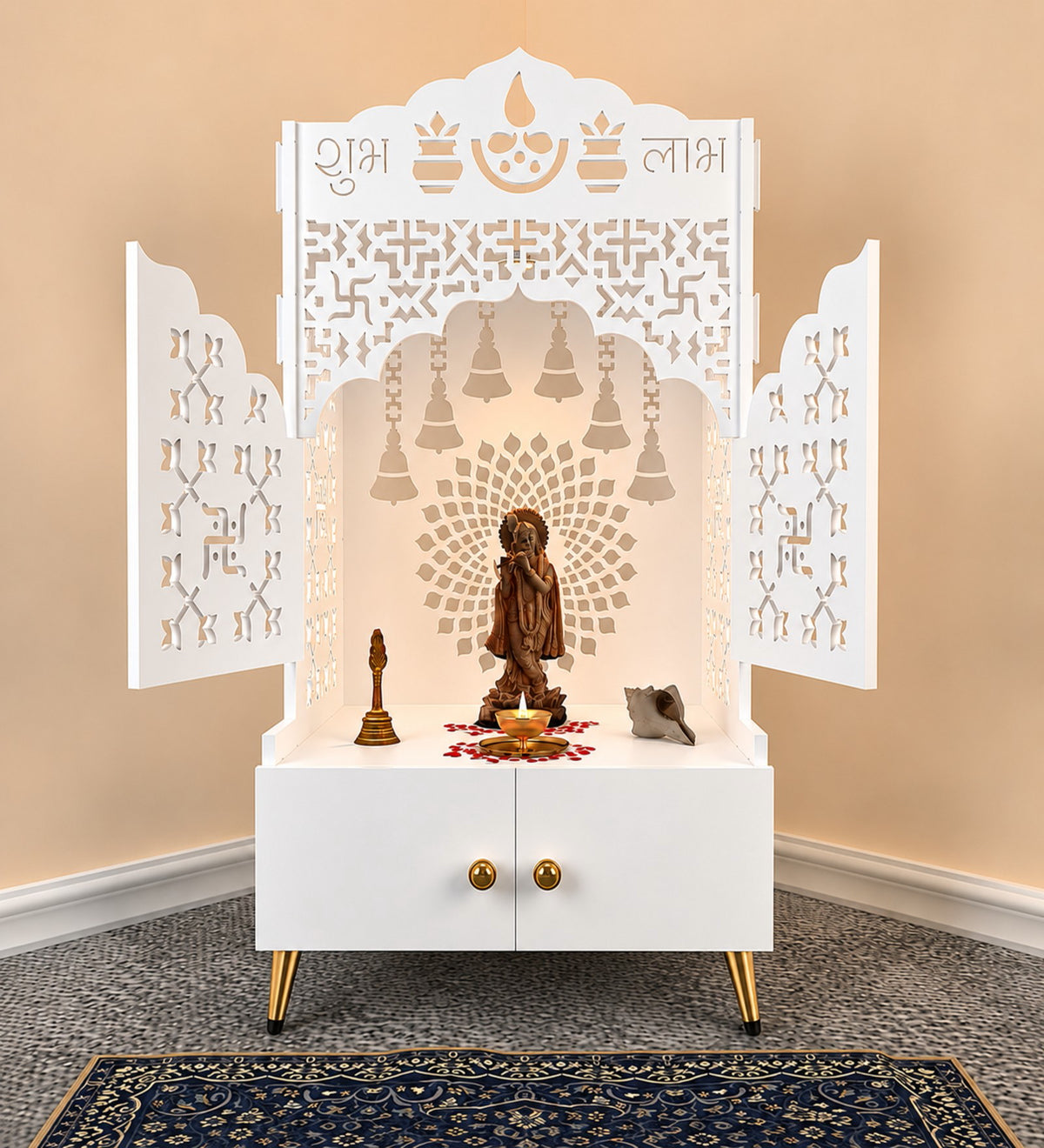 Elegant White Wooden Floor Pooja Mandir with Laser-Cut Doors Shubh Labh Design & Storage Cabinet