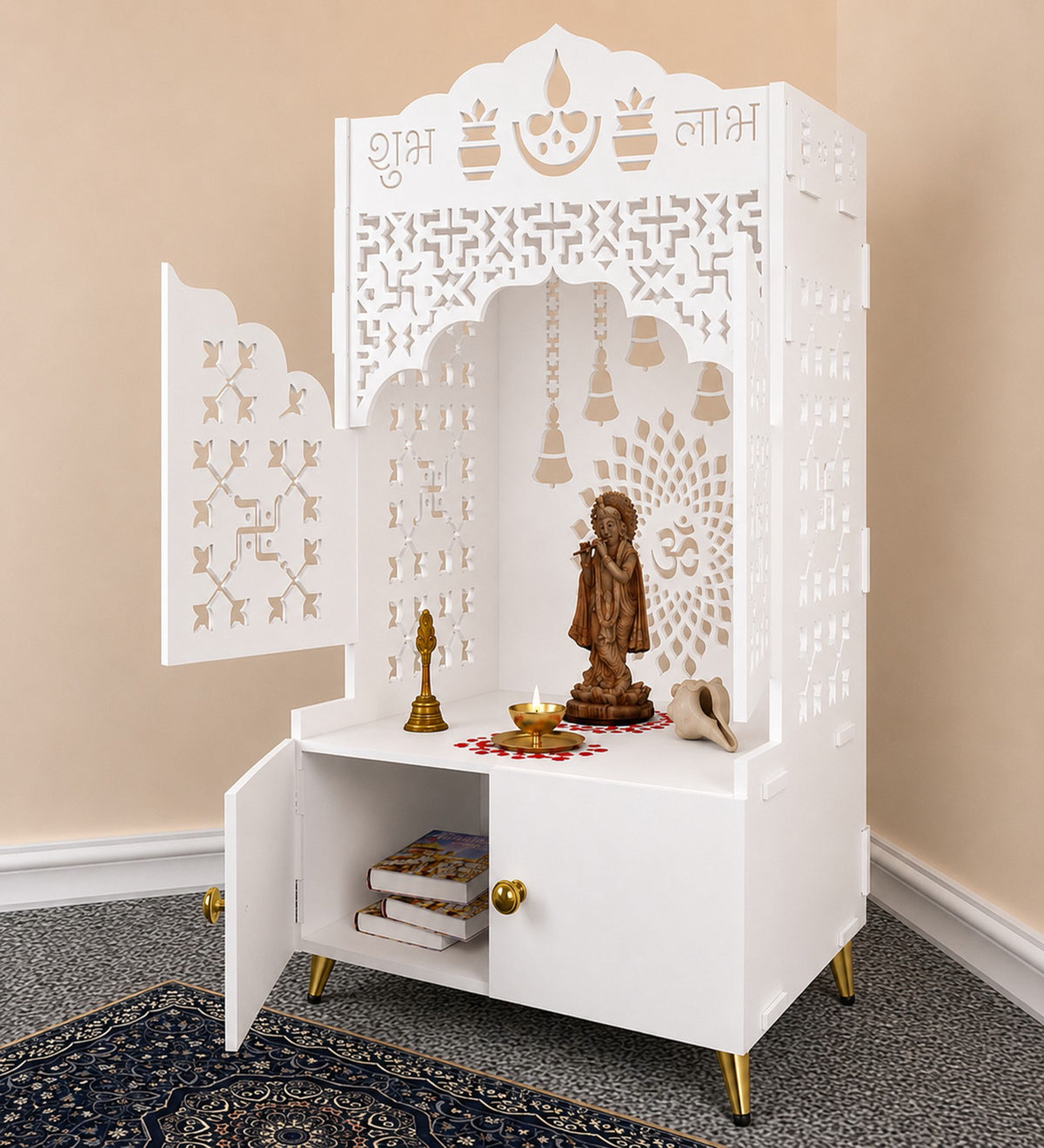 Elegant White Wooden Floor Pooja Mandir with Laser-Cut Doors Shubh Labh Design & Storage Cabinet