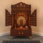 Elegant White Wooden Floor Pooja Mandir with Laser-Cut Doors Shubh Labh Design & Storage Cabinet