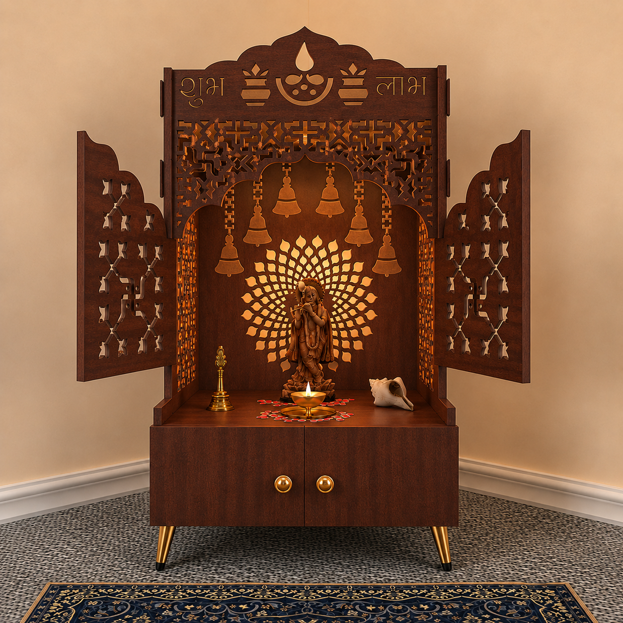 Elegant White Wooden Floor Pooja Mandir with Laser-Cut Doors Shubh Labh Design & Storage Cabinet