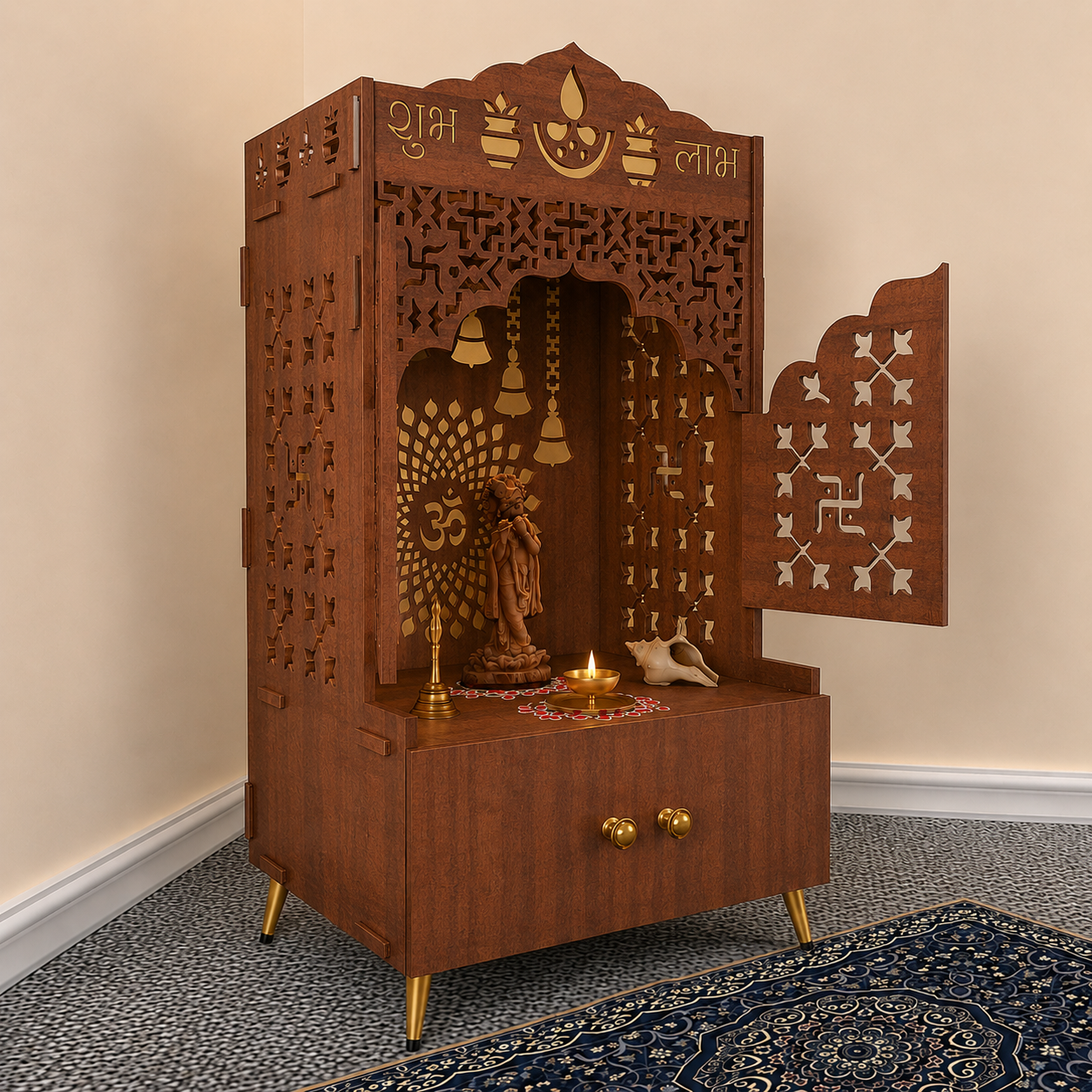 Elegant White Wooden Floor Pooja Mandir with Laser-Cut Doors Shubh Labh Design & Storage Cabinet
