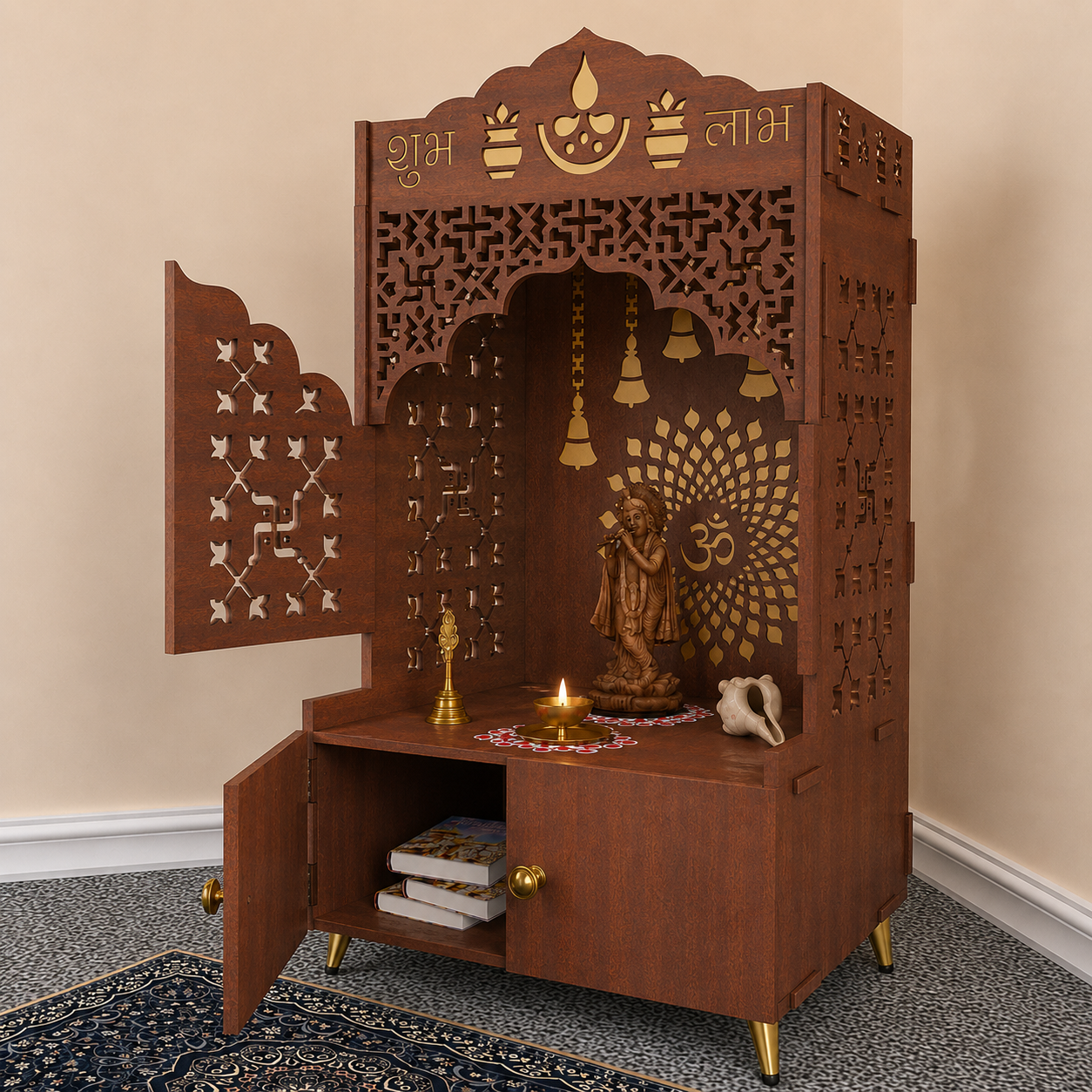 Elegant White Wooden Floor Pooja Mandir with Laser-Cut Doors Shubh Labh Design & Storage Cabinet
