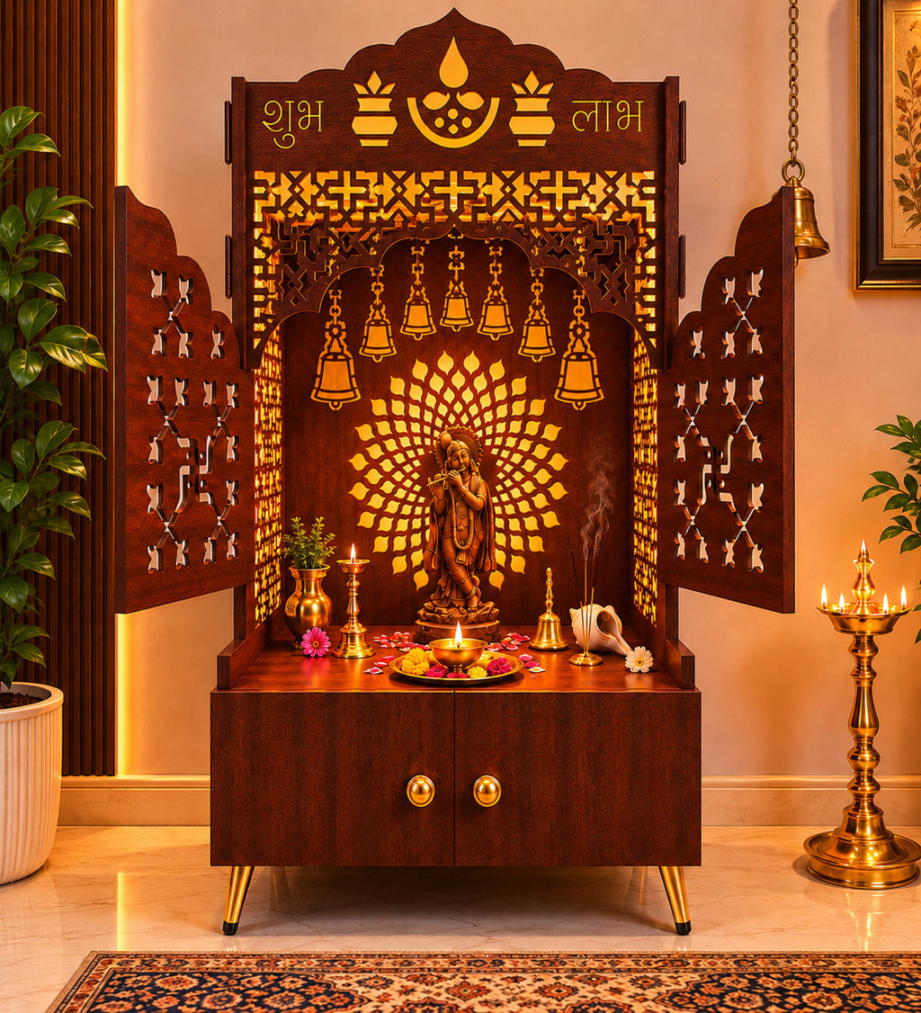 Elegant White Wooden Floor Pooja Mandir with Laser-Cut Doors Shubh Labh Design & Storage Cabinet