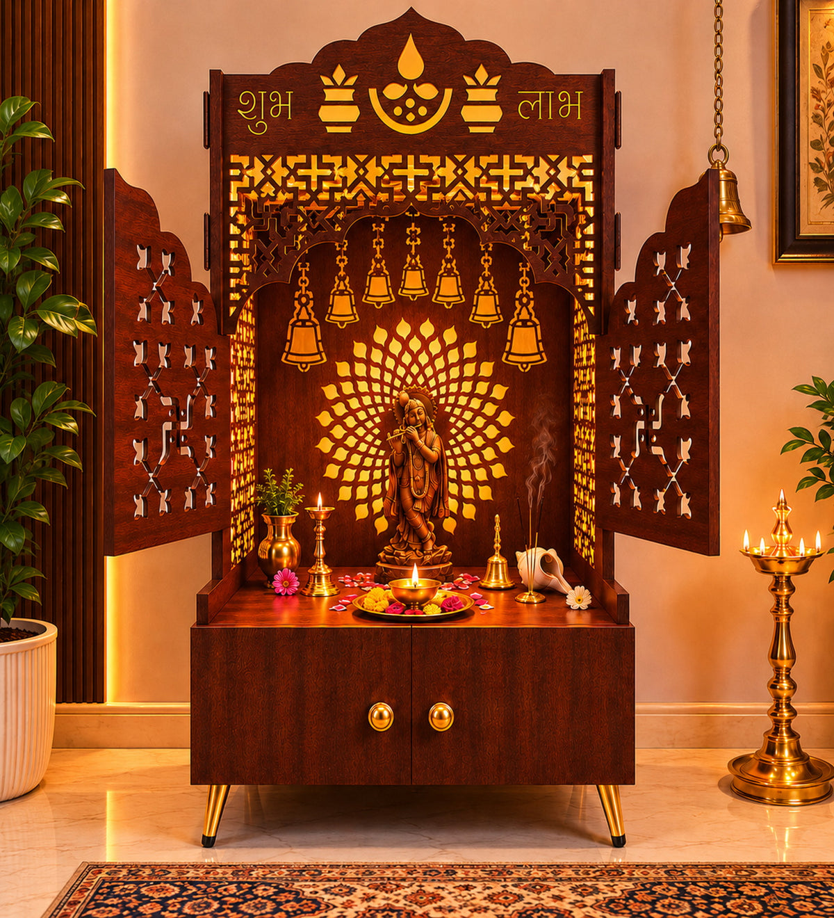 Elegant White Wooden Floor Pooja Mandir with Laser-Cut Doors Shubh Labh Design & Storage Cabinet