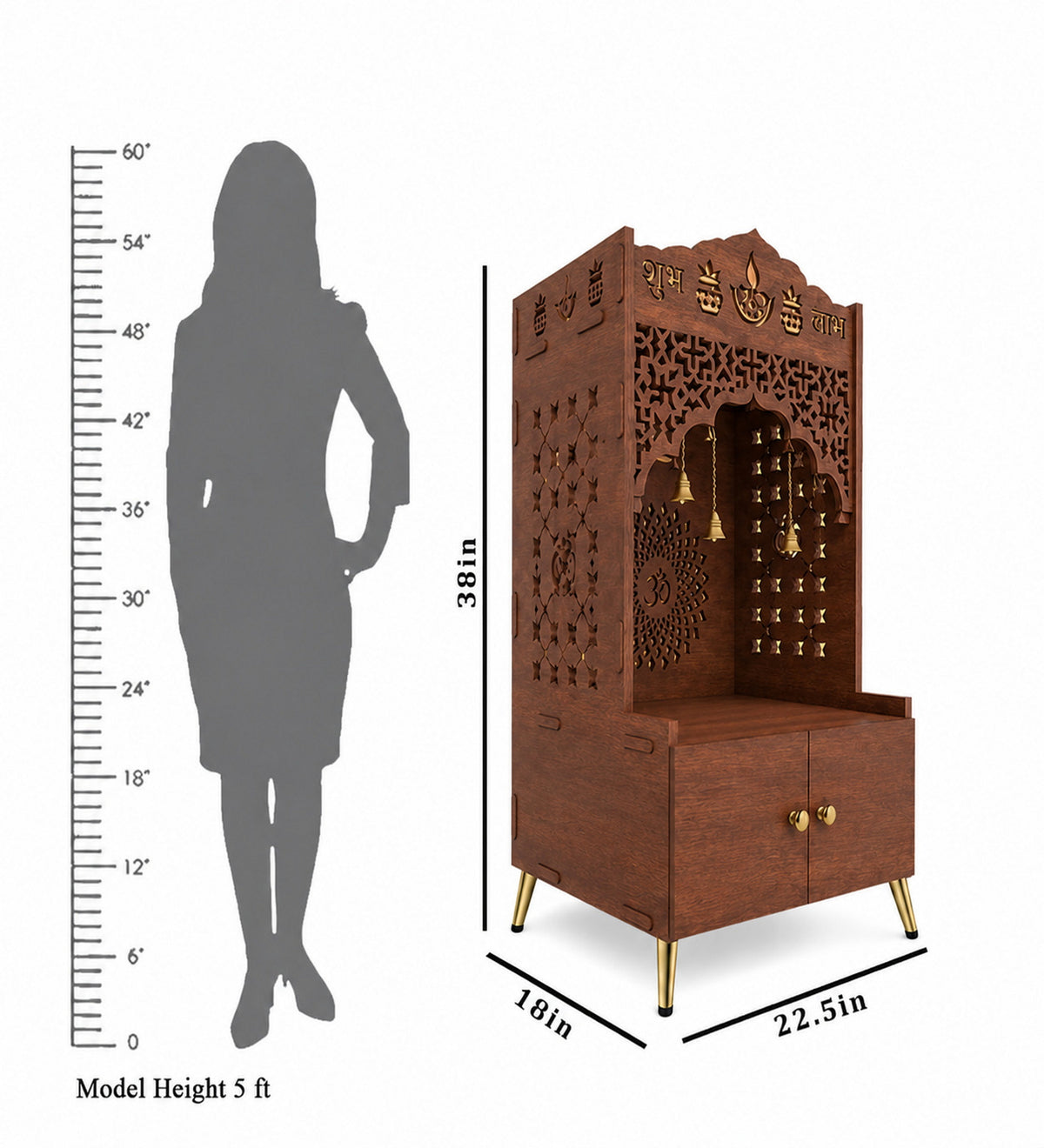 Elegant White Wooden Floor Pooja Mandir with Laser-Cut Doors Shubh Labh Design & Storage Cabinet