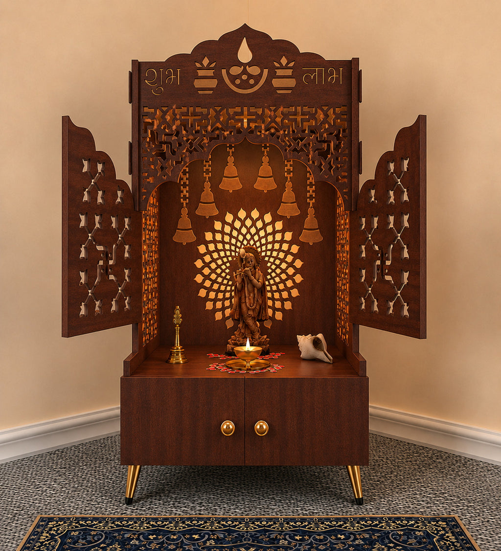 Elegant White Wooden Floor Pooja Mandir with Laser-Cut Doors Shubh Labh Design & Storage Cabinet